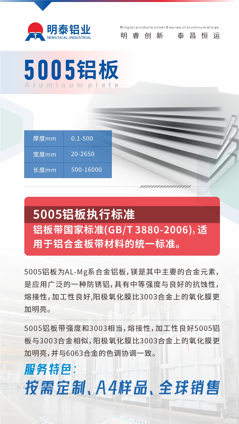 產(chǎn)品介紹

5005鋁板為AL-Mg系合金鋁板，鎂是其中主要的合金元素，是應(yīng)用廣泛的一種防銹鋁，具有中等強(qiáng)度與良好的抗蝕性，熔接性，加工性良好,陽(yáng)極氧化膜比3003合金上的氧化膜更加明亮。

5005鋁板帶強(qiáng)度和3003相當(dāng)，熔接性，加工性良好5005鋁板與3003合金相似，陽(yáng)極氧化膜比3003合金上的氧化膜更加明亮，并與6063合金的色調(diào)協(xié)調(diào)一致。服務(wù)特色：按需定制、A4樣品、全球銷售!

