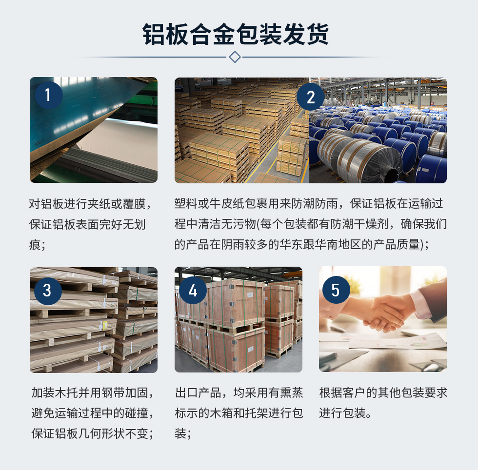 鋁板合金包裝發貨
　　1、對鋁板進行夾紙或覆膜，保證鋁板表面完好無劃痕;
　　2、塑料或牛皮紙包裹用來防潮防雨，保證鋁板在運輸過程中清潔無污物(每個包裝都有防潮干燥劑，確保我們的產品在陰雨較多的華東跟華南地區的產品質量);
　　3、加裝木托并用鋼帶加固，避免運輸過程中的碰撞，保證鋁板幾何形狀不變;
　　4、出口產品，均采用有熏蒸標示的木箱和托架進行包裝;
　　5、根據客戶的其他包裝要求進行包裝;